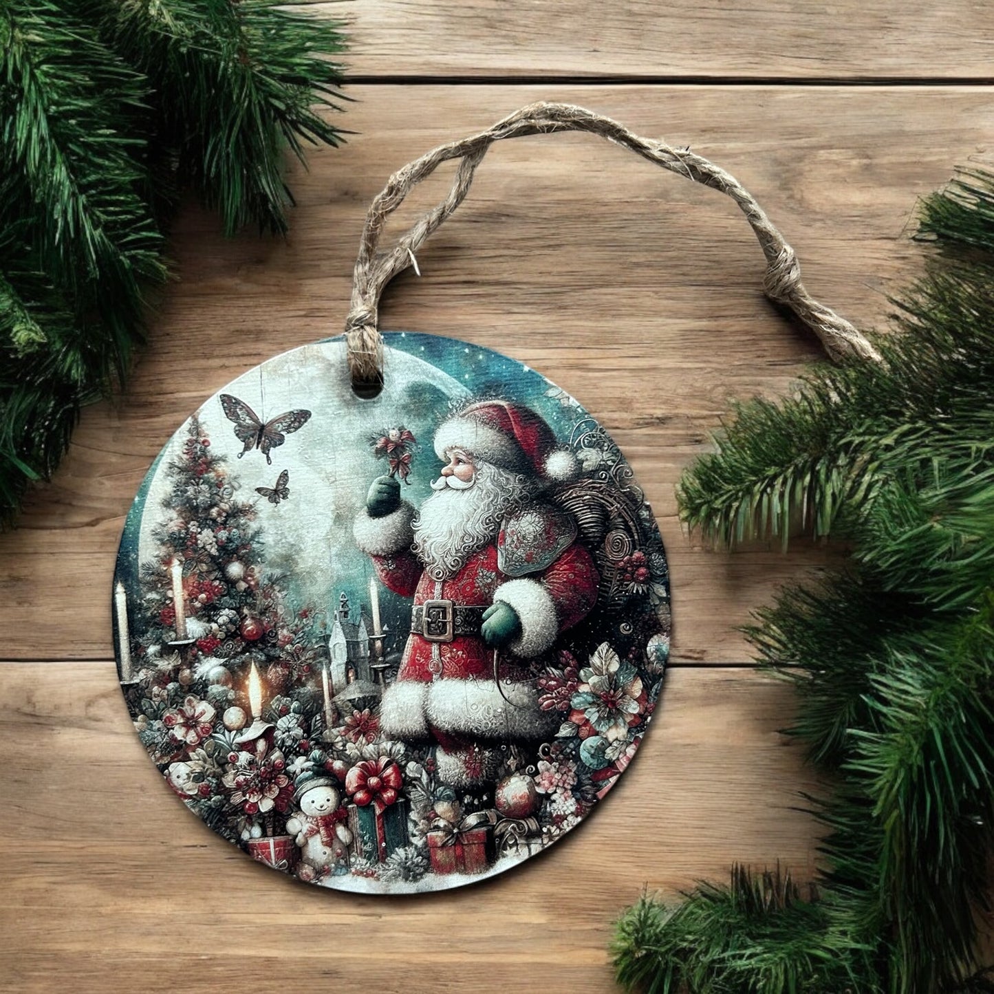 Vintage Santa with Butterfly - Wood Christmas Ornament