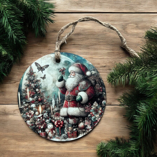 Vintage Santa with Butterfly - Wood Christmas Ornament