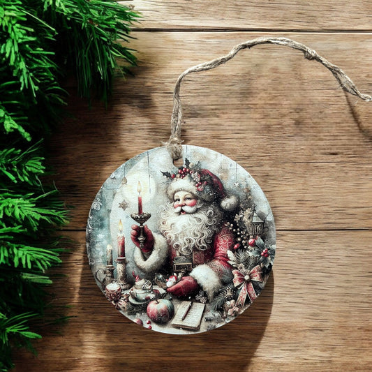 Vintage Santa With Candle - Wood Christmas Ornament