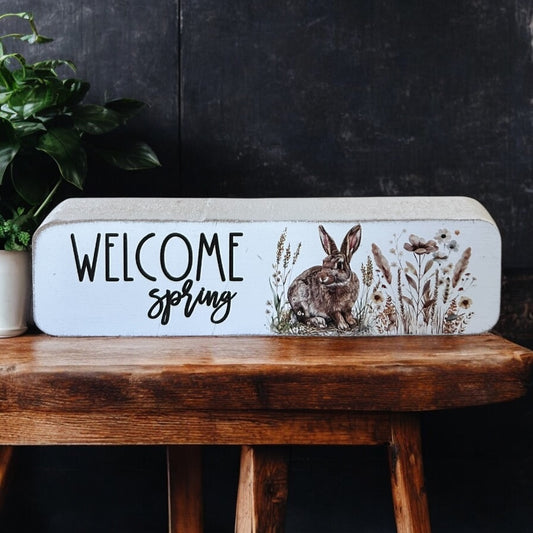 Welcome Spring - Rustic Wood Spring Decor Bunny Sign