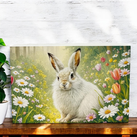 White Rabbit in a Spring Garden - Spring Decor Wood Sign