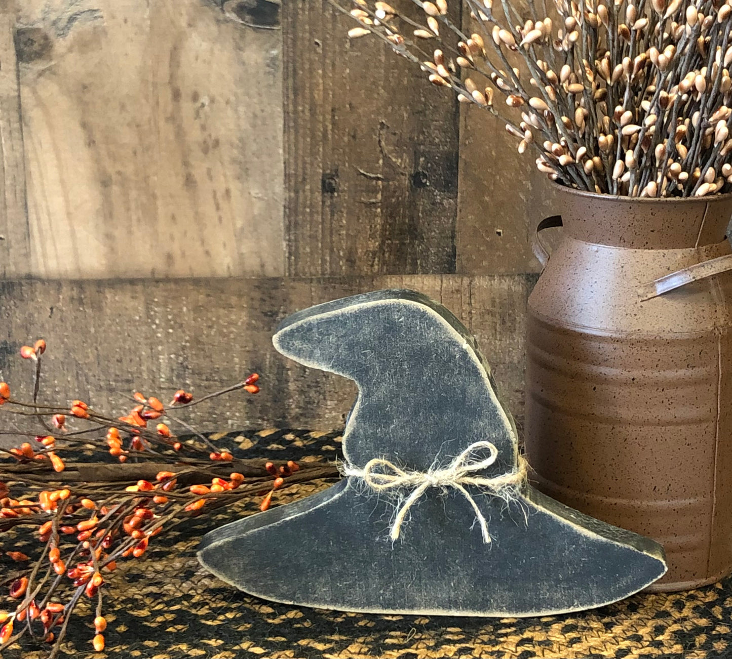 Primitive Wood Halloween Witch's Black Hat Sitter