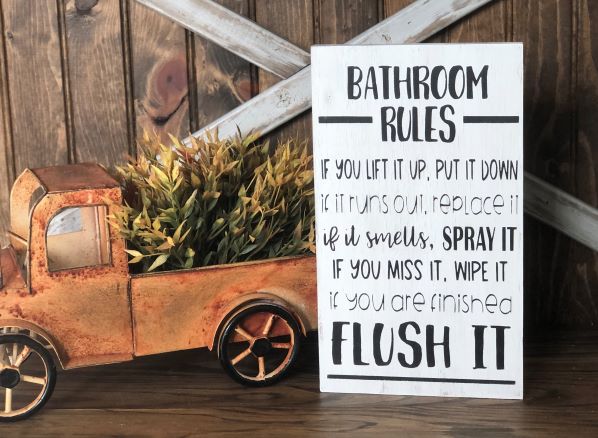 Bathroom Rules - Funny Rustic Wood Bathroom Sign