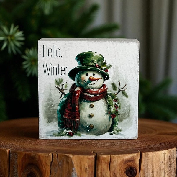 Hello Winter - Rustic Wood Block Sign Winter Snowman Decor