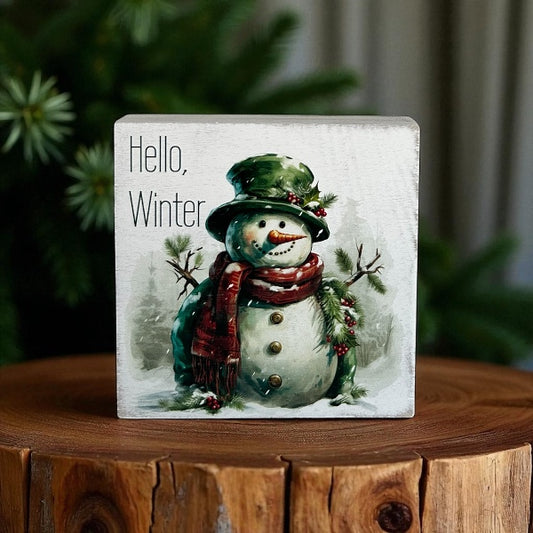 Hello Winter - Rustic Wood Block Sign Winter Snowman Decor