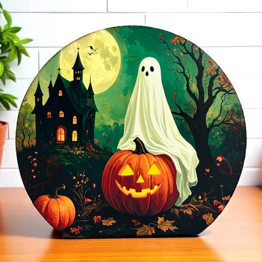 Ghost on Pumpkin - Wood Halloween/Autumn Decor Circle Sign