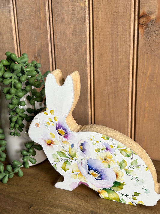 Spring Floral Wood Bunny- Rustic Country Decor Rabbit Sitter