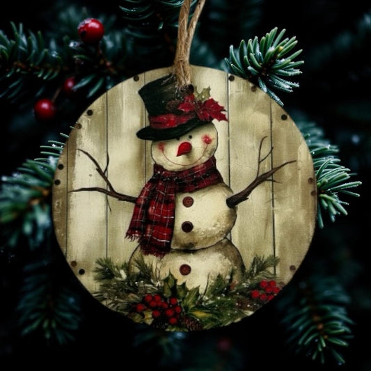 Primitive Snowman-Vintage Style Wood Ornament