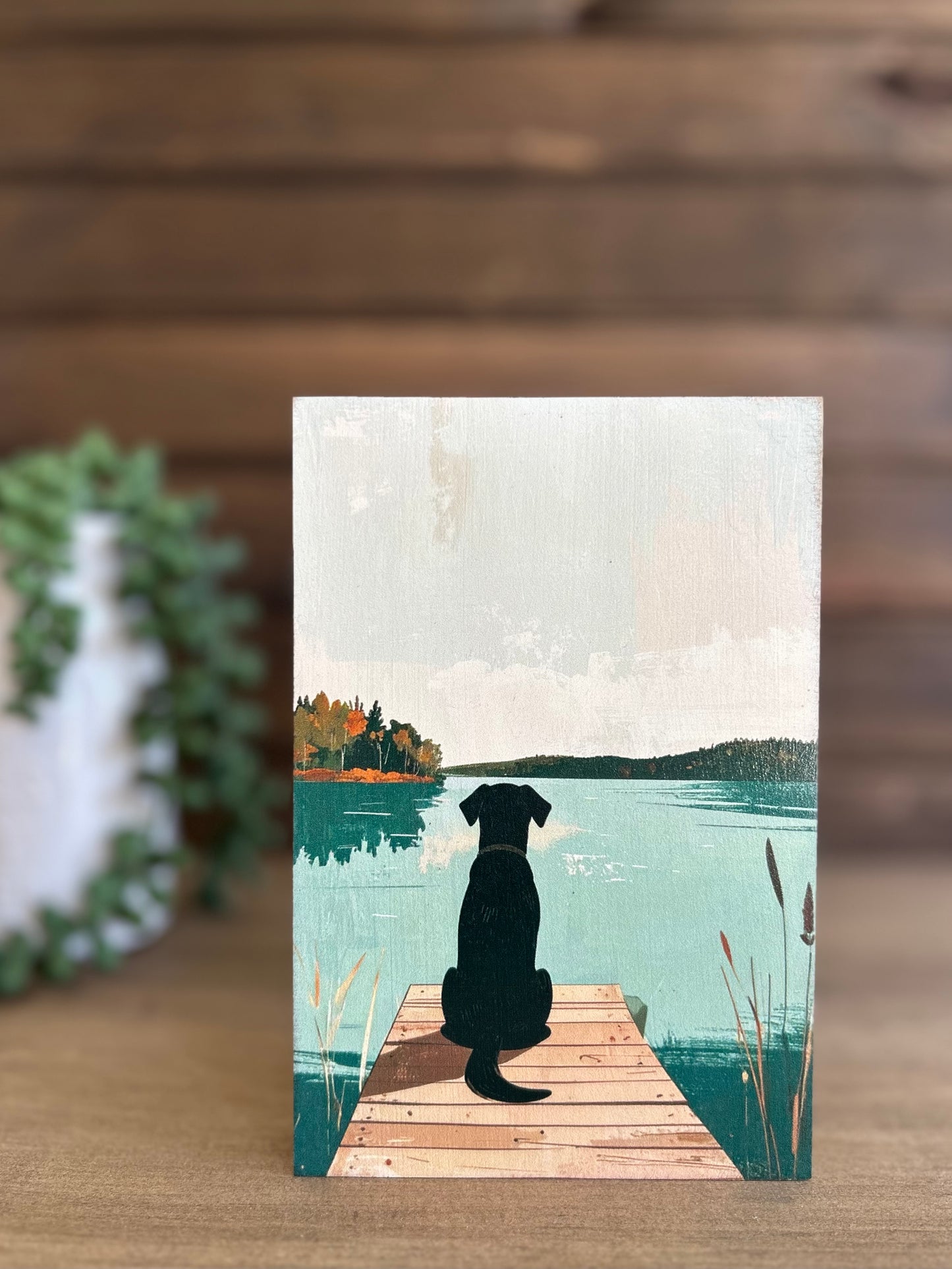 Dog on Lake Dock - Summer Lake Everyday Decor Wood Sign