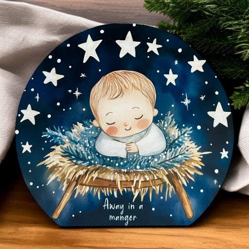 Away in a Manger - Wood Holiday Decor Circle Sign