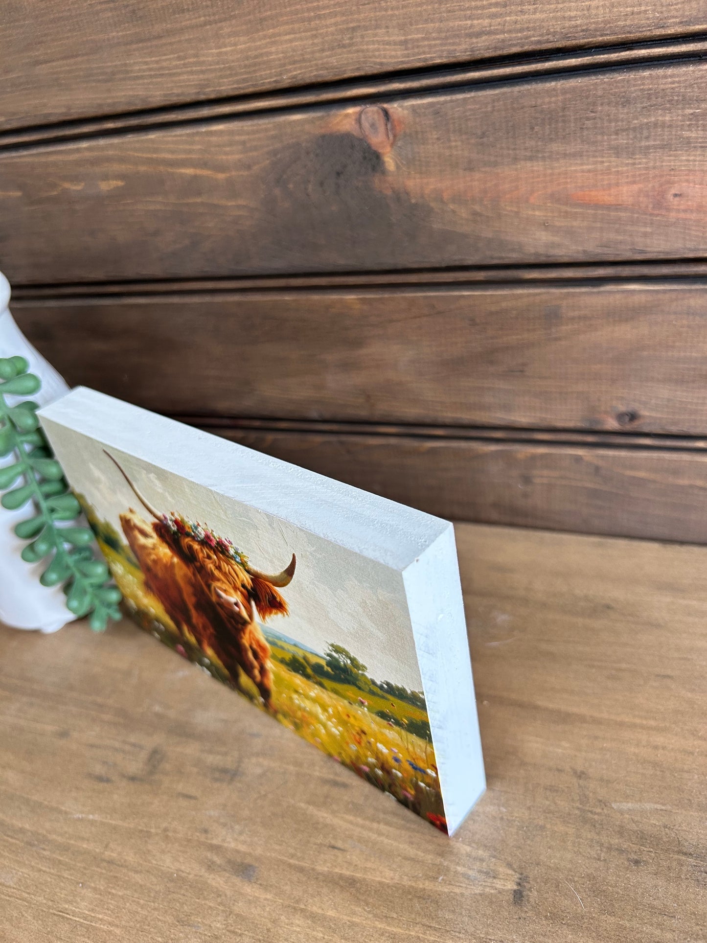 Highland Cow Flower Crown - Country Western Decor Wood Sign