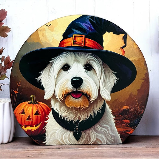 White Dog in Witch Hat- Wood Halloween/Autumn Decor Circle Sign