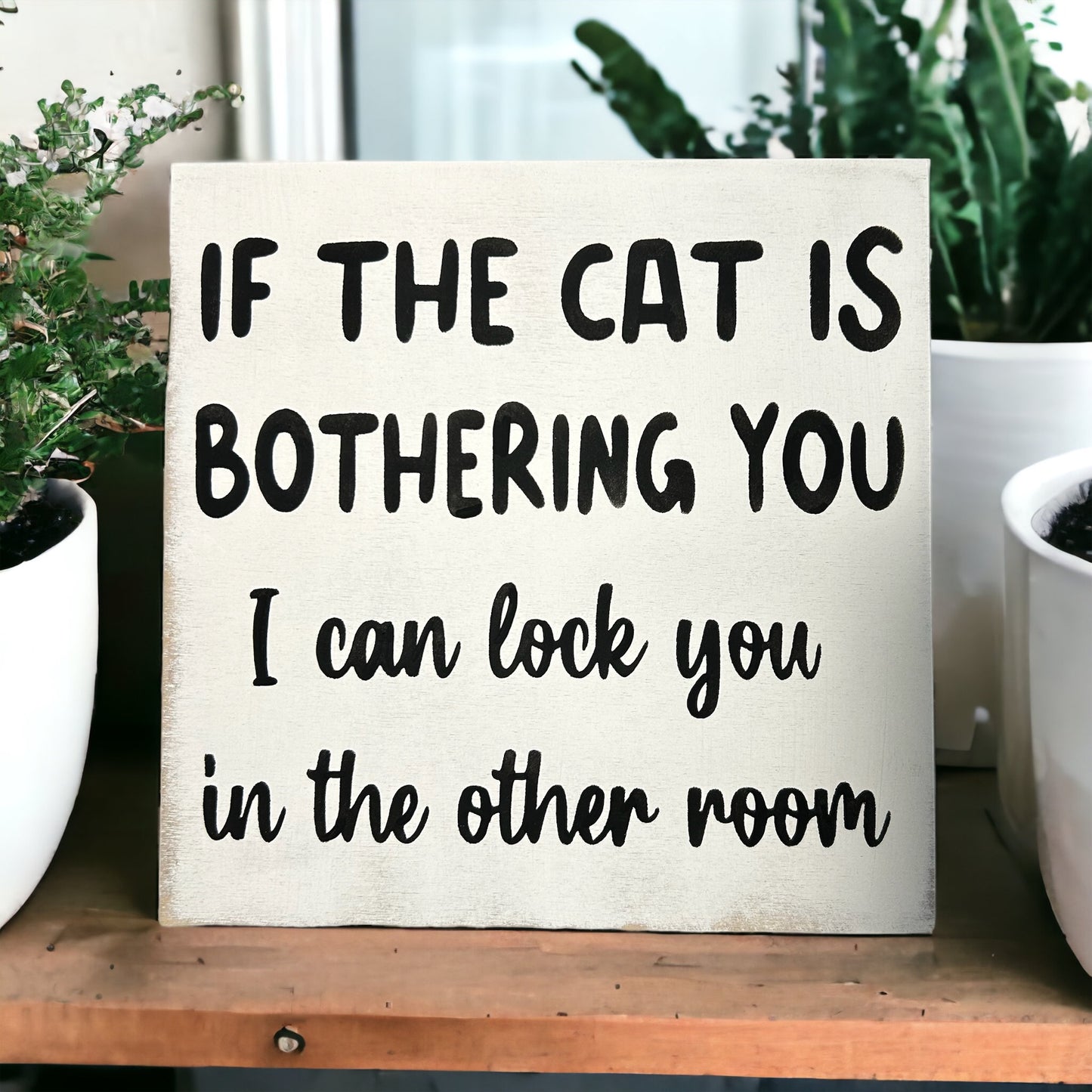 "cat is bothering you" funny wood sign