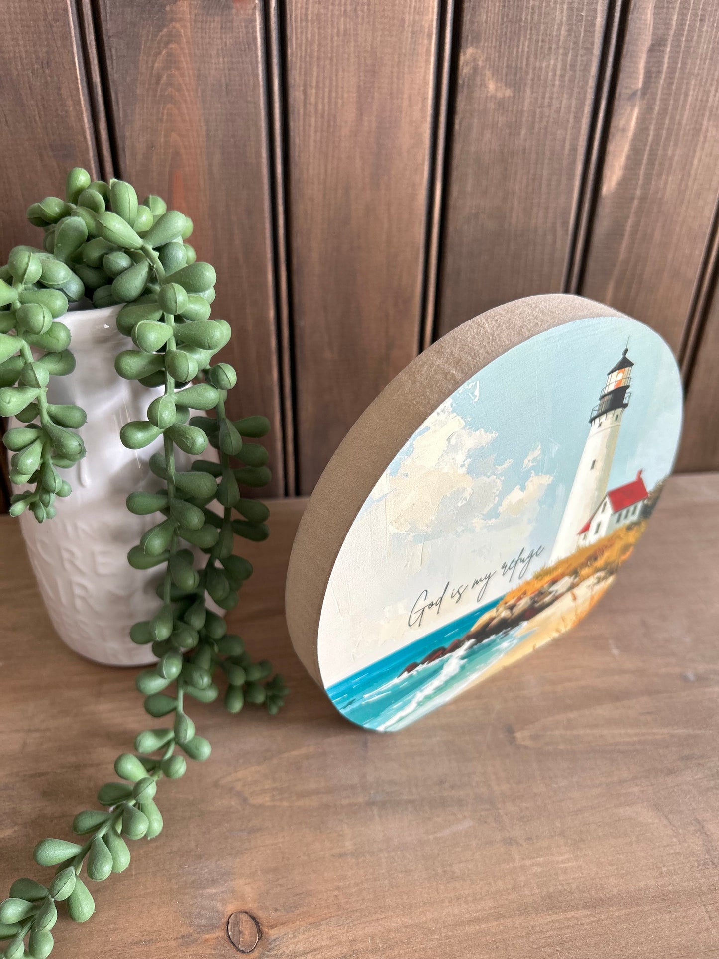 God is my Refuge - Rustic Wood Christian Lighthouse Sign