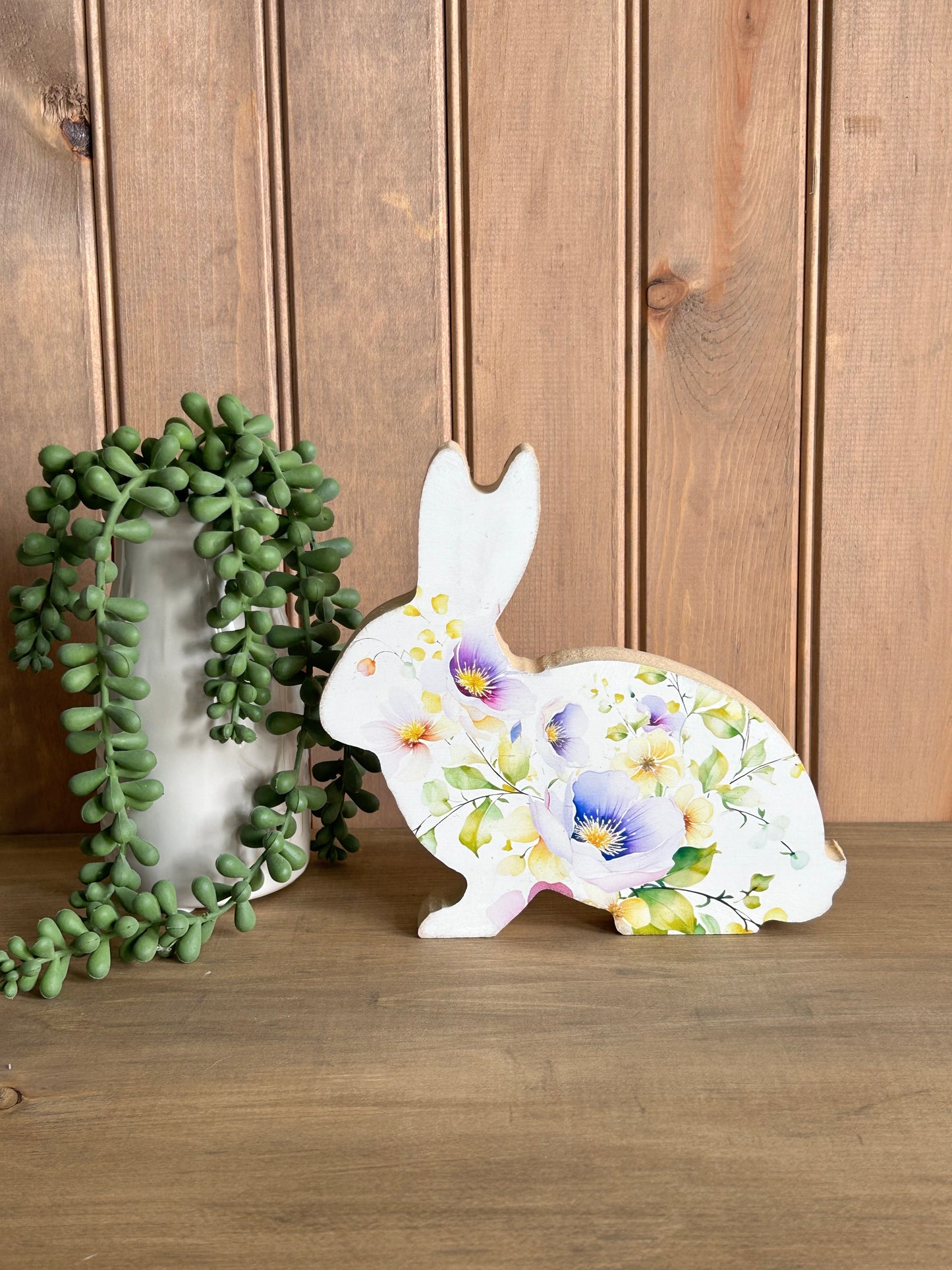 Spring Floral Wood Bunny- Rustic Country Decor Rabbit Sitter