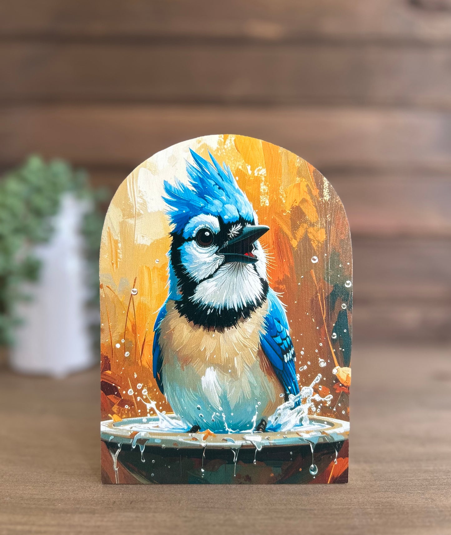 Blue Jay in Bird Bath Wood Arch- Farmhouse Country Decor