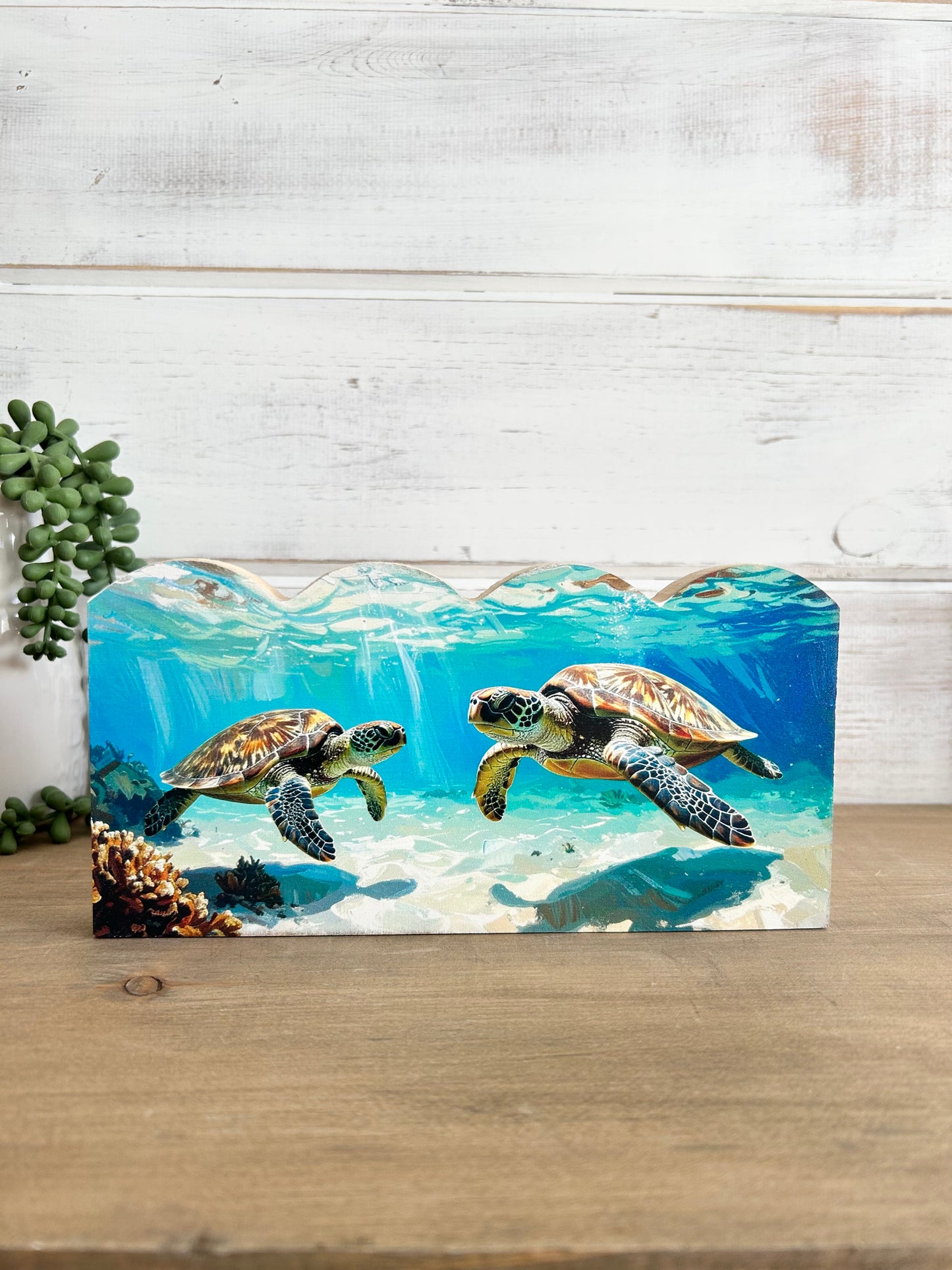 Sea Turtles- Rustic Beach Decor Scalloped Wood Sign