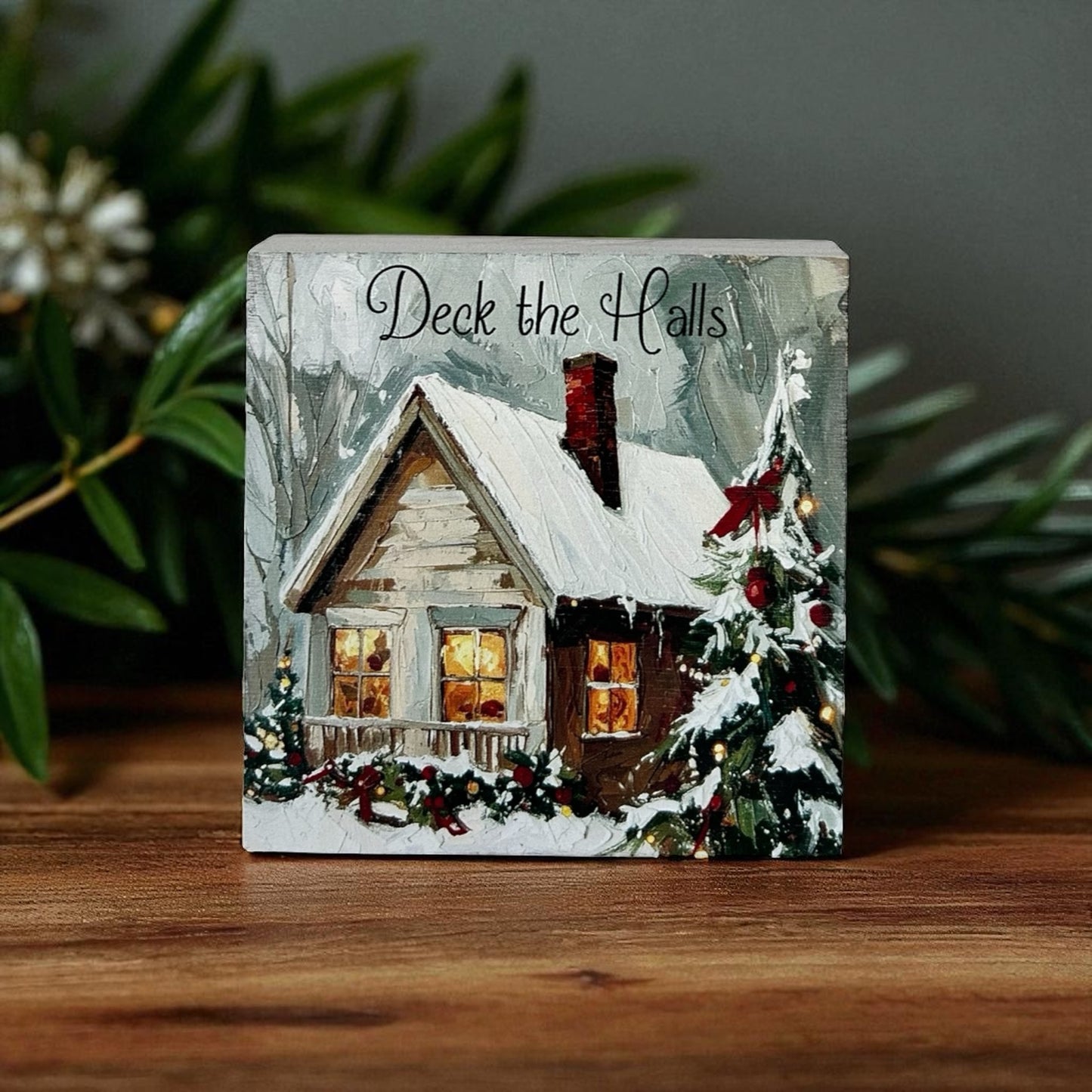 Deck the Halls - Rustic Wood Block Sign Winter Snowman Decor