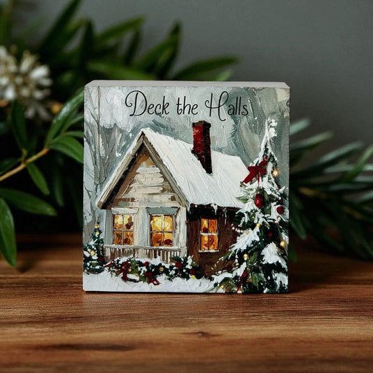 Deck the Halls - Rustic Wood Block Sign Winter Snowman Decor