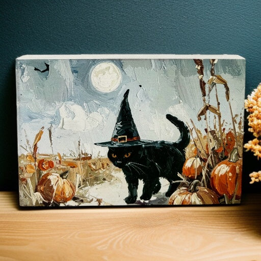 Black Cat Witch Painting- Autumn/Fall Decor Rustic Wood Sign