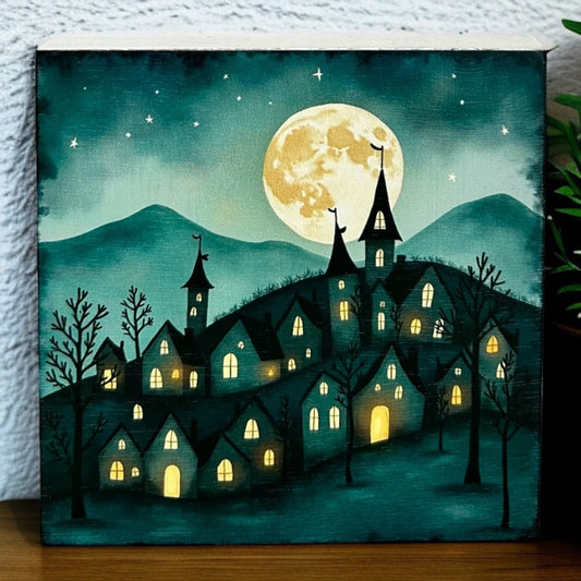 Folk Art Night Village- Autumn/Fall Decor Rustic Wood Sign