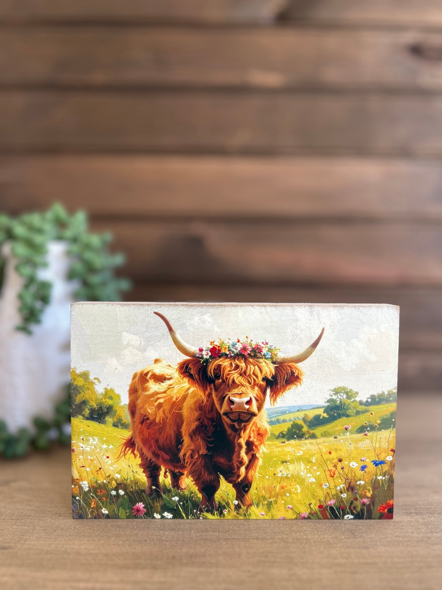 Highland Cow Flower Crown - Country Western Decor Wood Sign