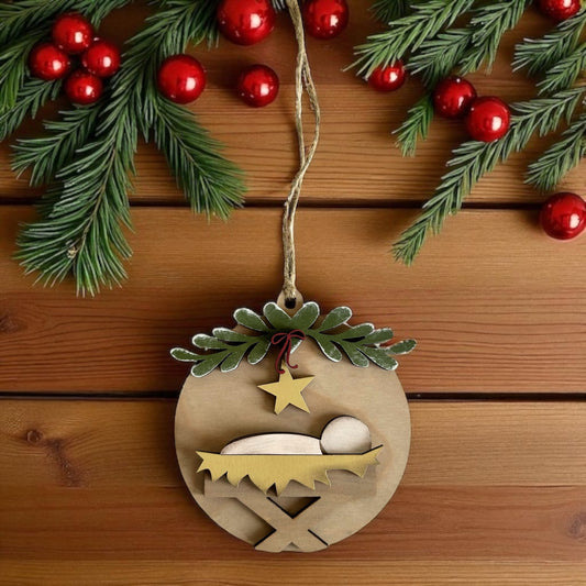 Baby Jesus in Manger - Layered Wood Christmas Ornament