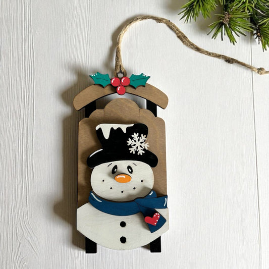 Snowman on Sleigh- Layered Wood Christmas Ornament