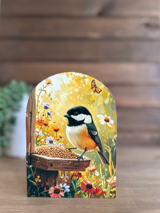 Chickadee at Feeder Wood Arch- Farmhouse Country Decor