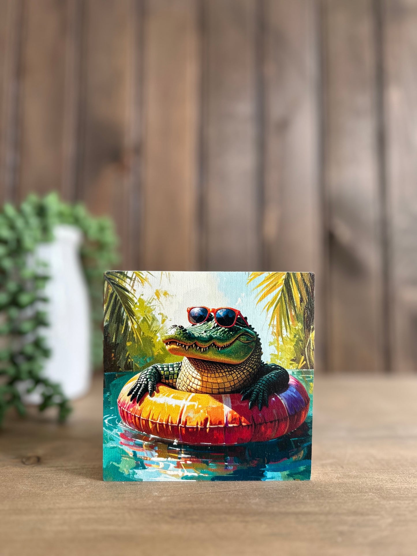 Gator Floating in Tube - Rustic Summer Decor Wood Sign