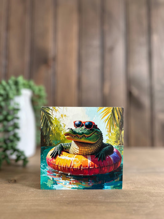 Gator Floating in Tube - Rustic Summer Decor Wood Sign