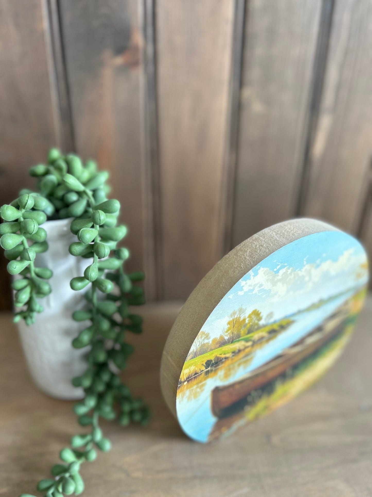 Canoe By River - Rustic Country Decor Circle Wood Sign