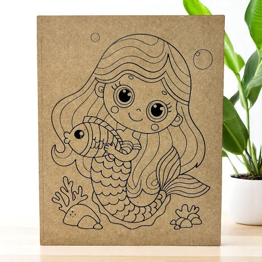 DIY Wood Coloring Book Page - Mermaid Holding Fish