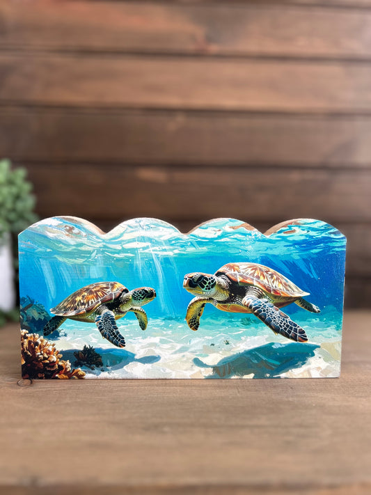 Sea Turtles- Rustic Beach Decor Scalloped Wood Sign