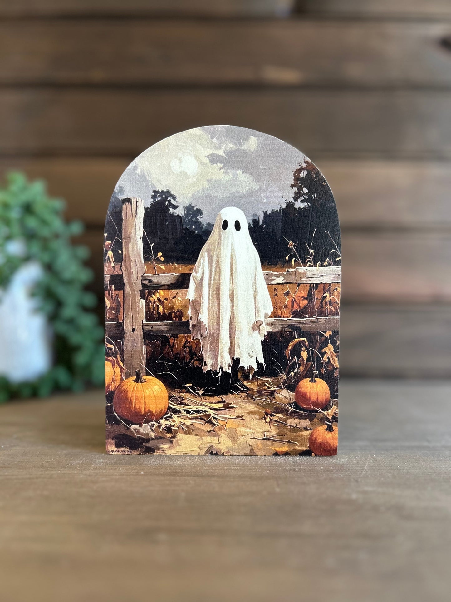 Ghost in Pumpkin Patch Wood Arch - Halloween/Fall 2026 Decor
