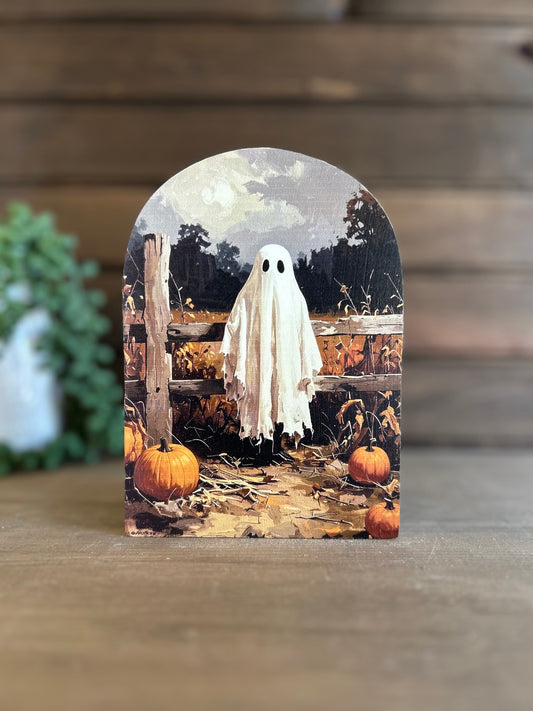 Ghost in Pumpkin Patch Wood Arch - Halloween/Fall 2026 Decor