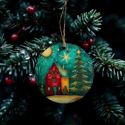 Folk Art Christmas House -Vintage Style Wood Ornament