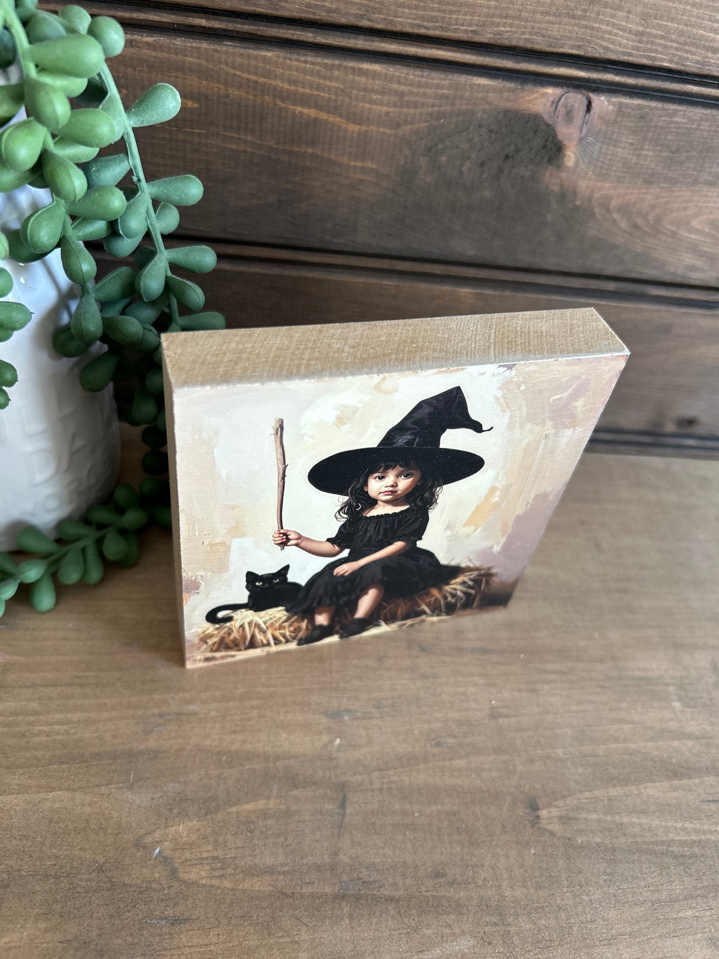 Little Black Witch with Cat Wood Sign - Halloween Home Decor