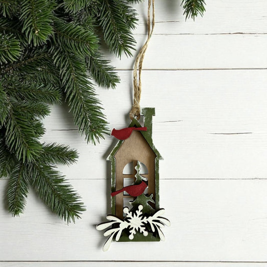Cardinals on House- Layered Wood Christmas Ornament
