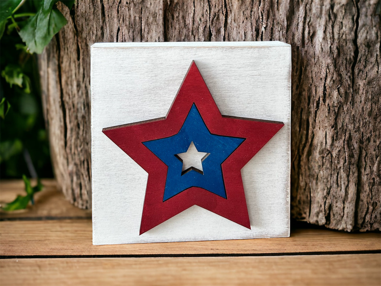 Rustic Patriotic Wood Star Block Sign - Americana Decor