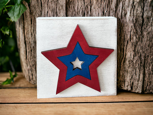 Rustic Patriotic Wood Star Block Sign - Americana Decor