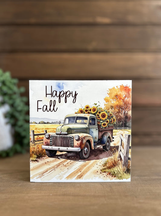 Happy Fall Vintage Truck with Sunflowers Wood Sign