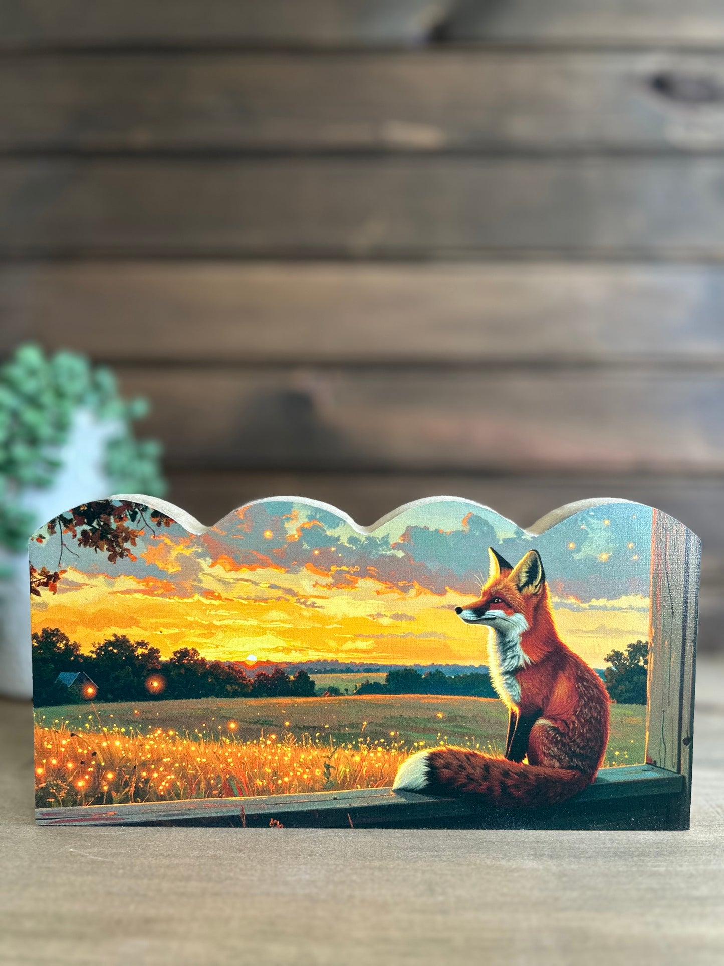 Fox Watching Fireflies - Rustic Decor Scalloped Wood Sign