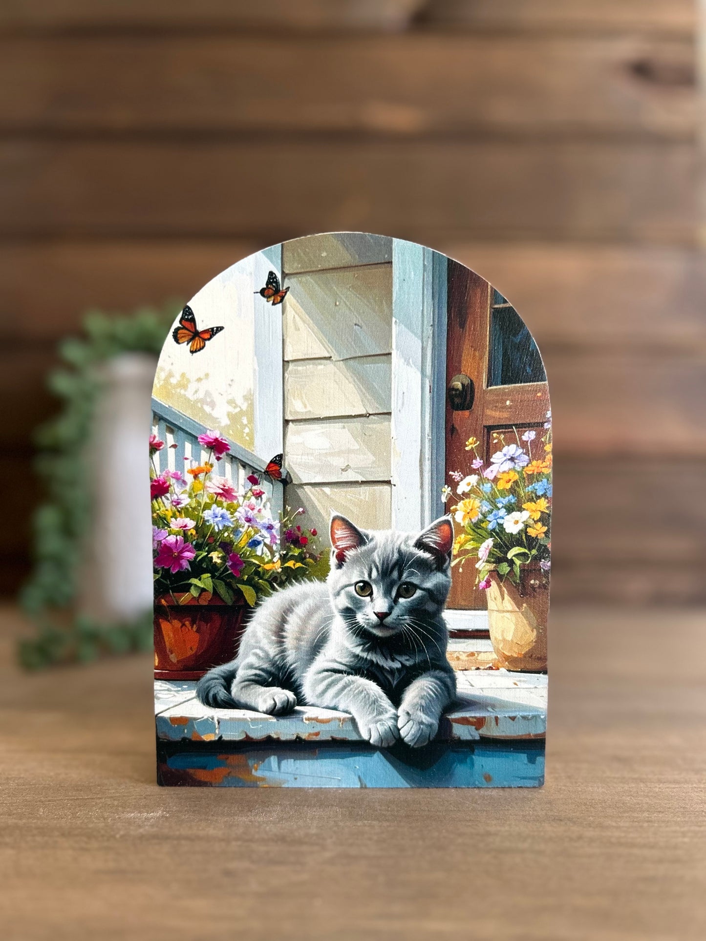 Cat on Porch Wood Arch- Farmhouse Country Animal Decor