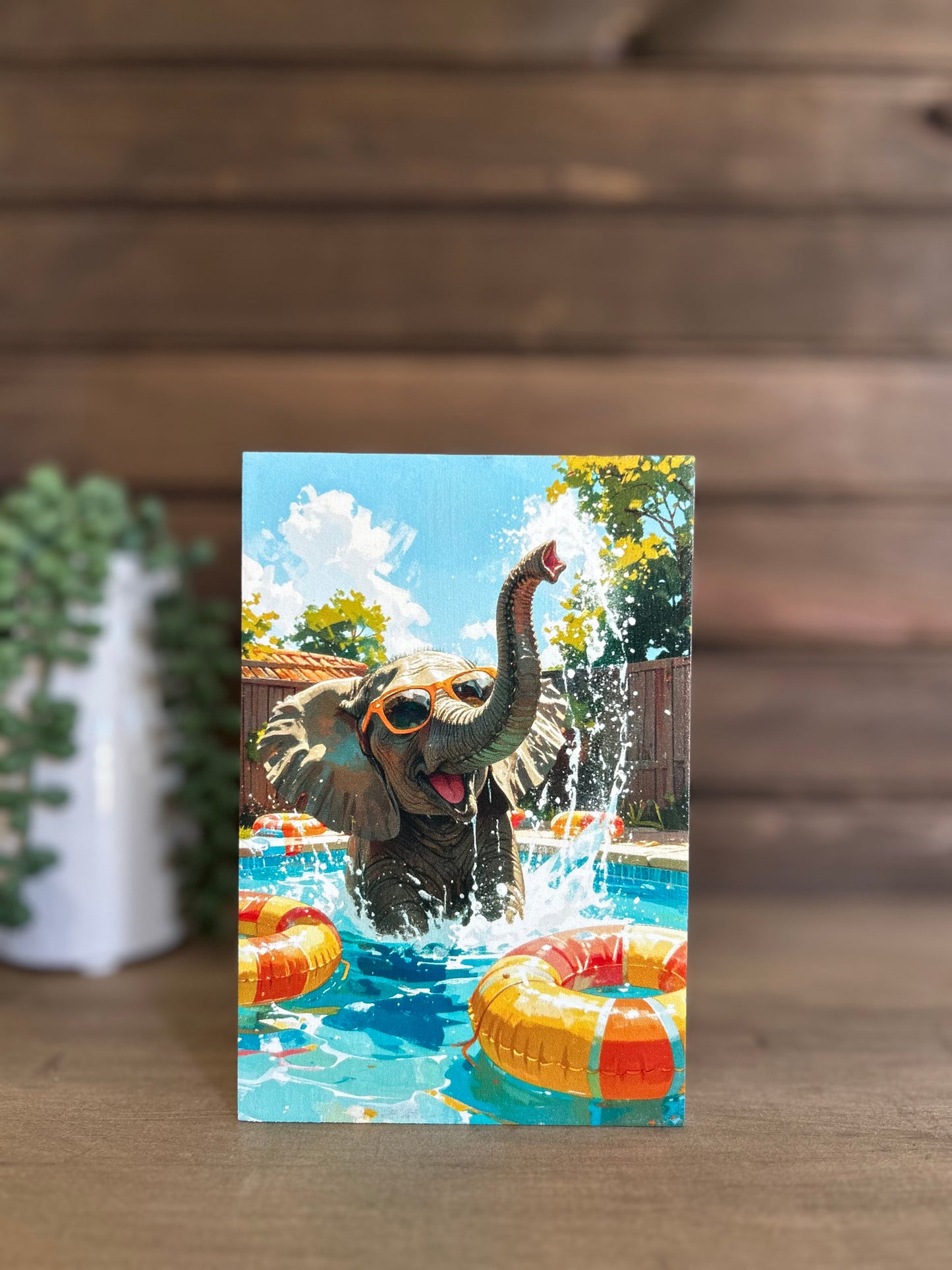 Elephant Playing in Pool -Rustic Summer Decor Wood Sign