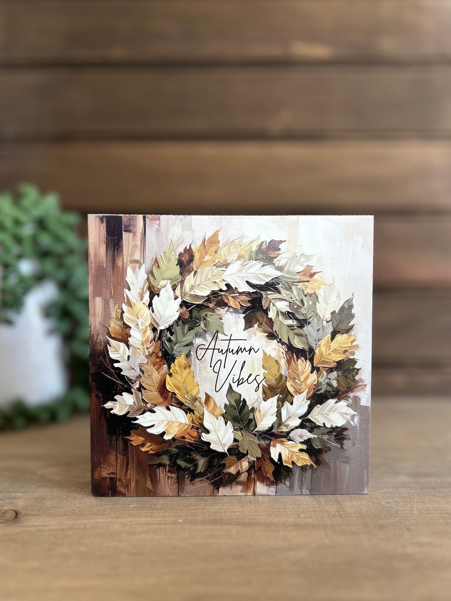 Autumn Vibes Green Wreath Wood Sign - Fall Decor