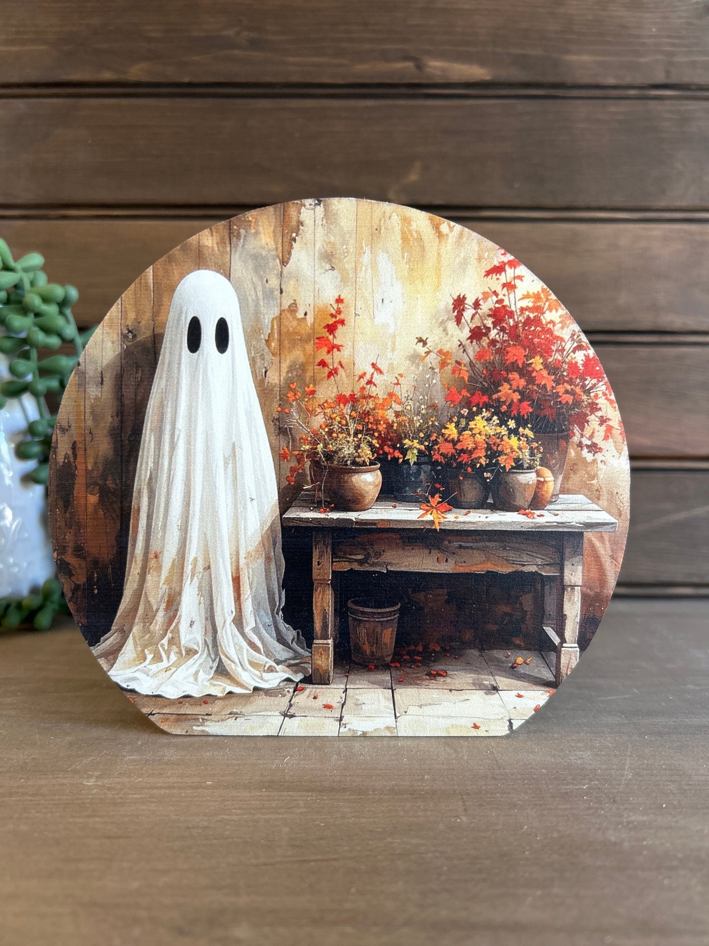 Ghost & Fall Flowers- Halloween/Fall Decor Circle Wood Sign