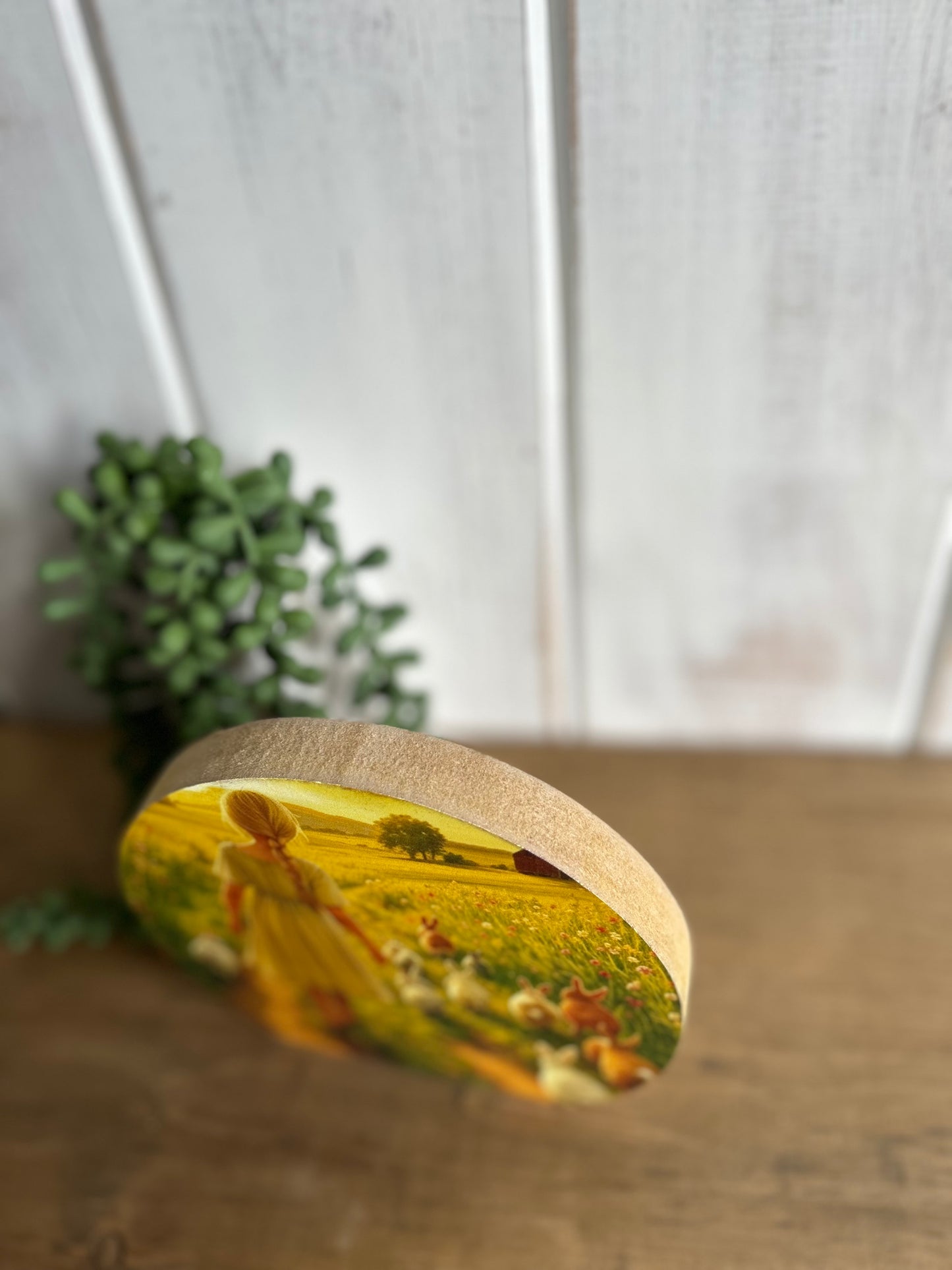 Sunset Bunny Walk - Wood Spring Decor Circle Sign