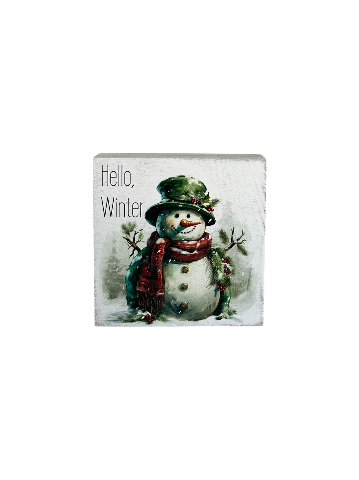 Hello Winter - Rustic Wood Block Sign Winter Snowman Decor