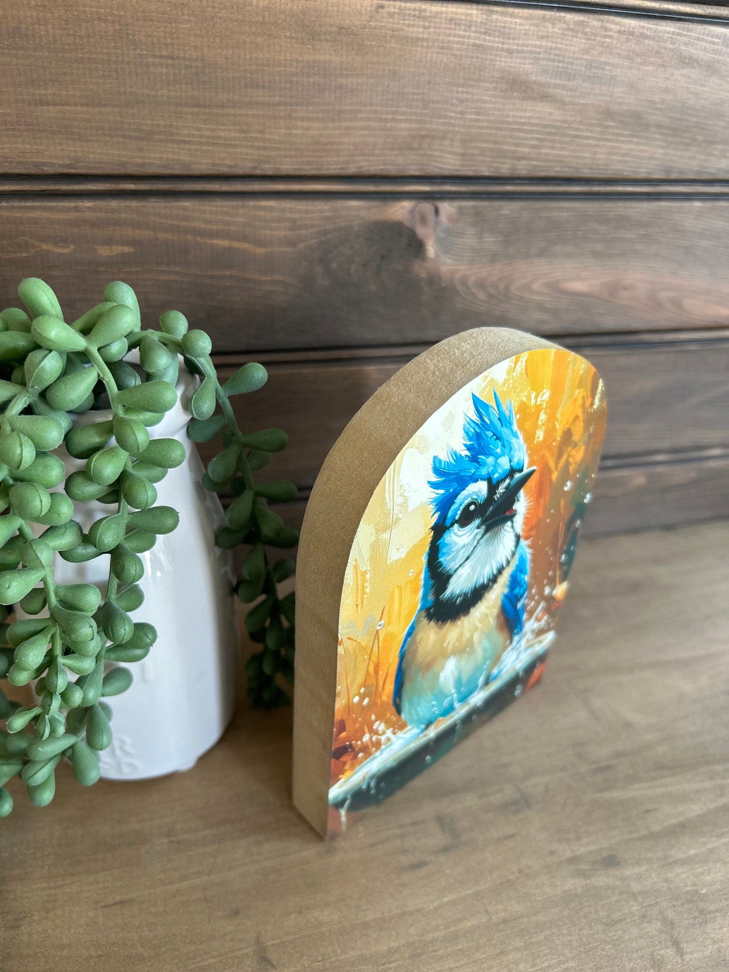 Blue Jay in Bird Bath Wood Arch- Farmhouse Country Decor